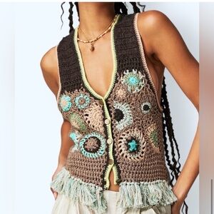 Free People Desert Rose Crochet Vest In Size XSmall Handcrafted Laganlook Fringe
